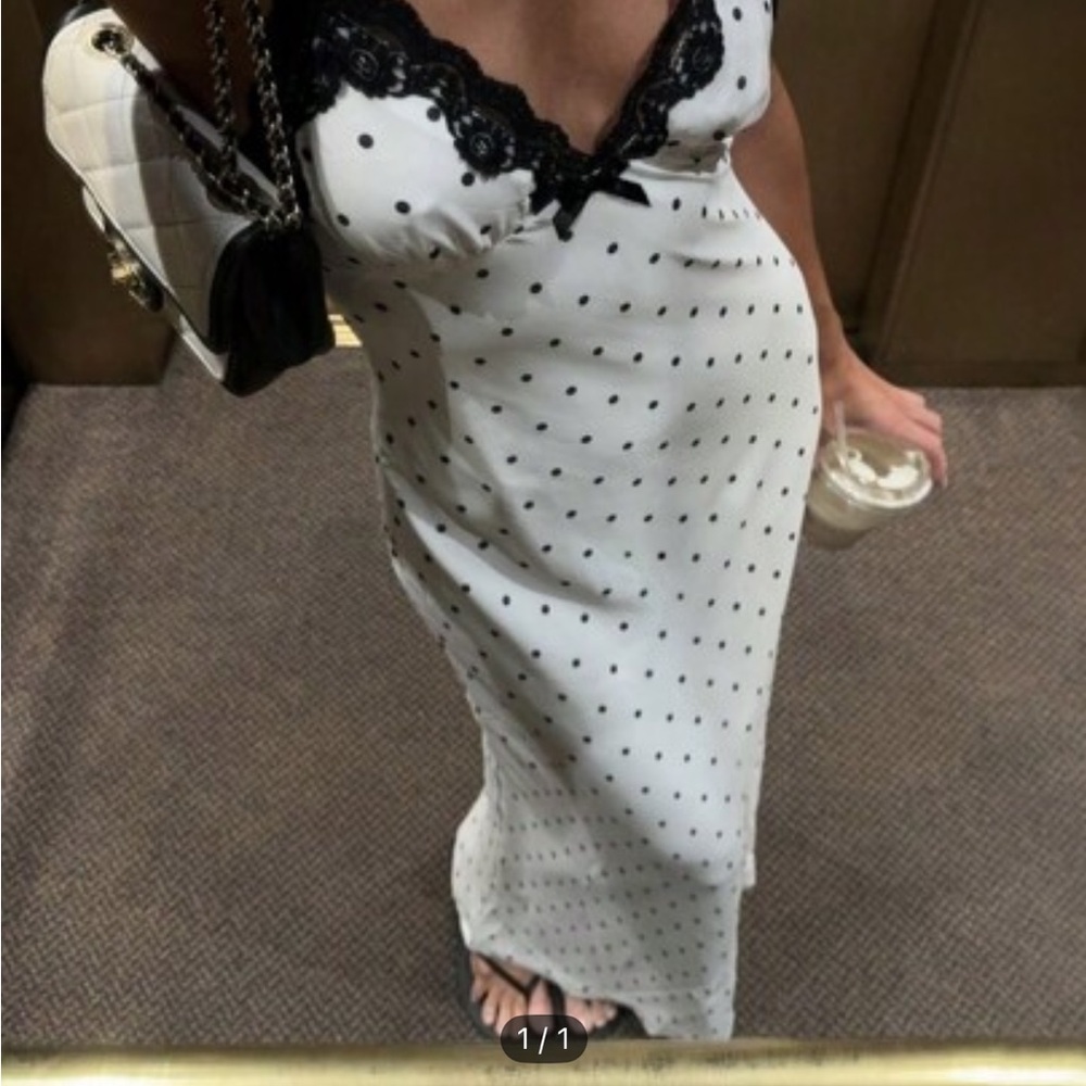 White Polka Dot Dress with Black Lace Trim